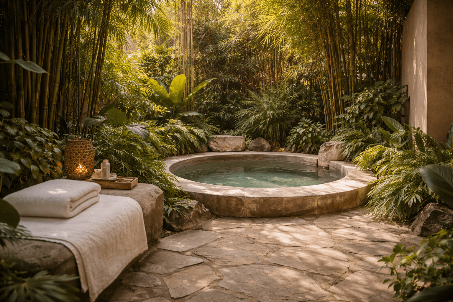 Serene Spa — private garden suite with outdoor soaking tub and lush greenery