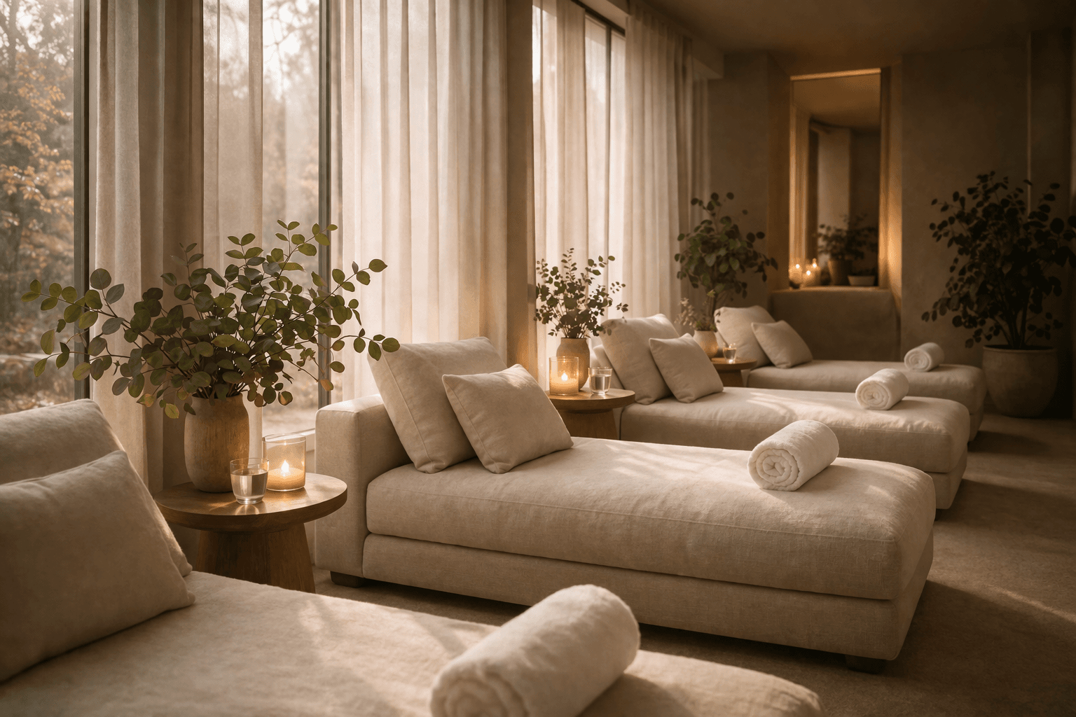 Serene Spa — relaxation lounge with linen daybeds and floor-to-ceiling windows