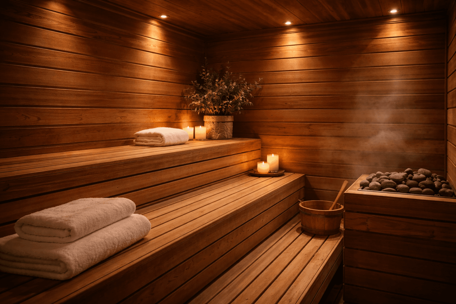 Serene Spa — cedar wood sauna with warm amber lighting and white folded towels