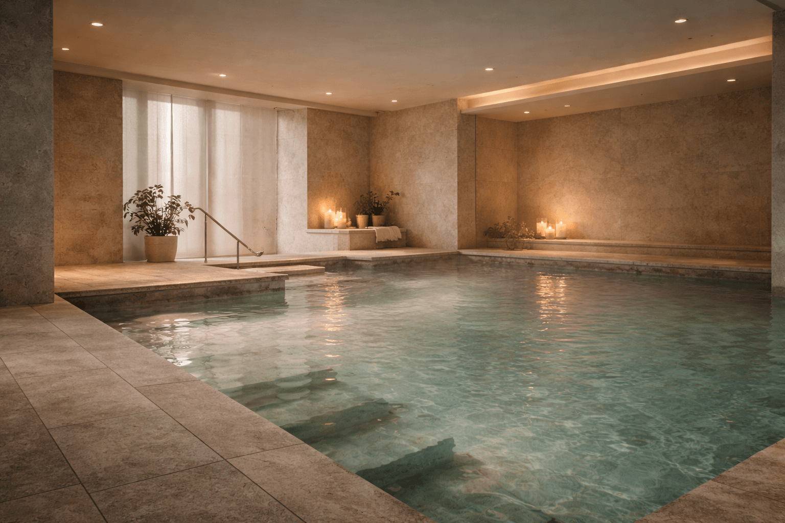 Serene Spa — indoor thermal pool with still turquoise water and natural stone surround