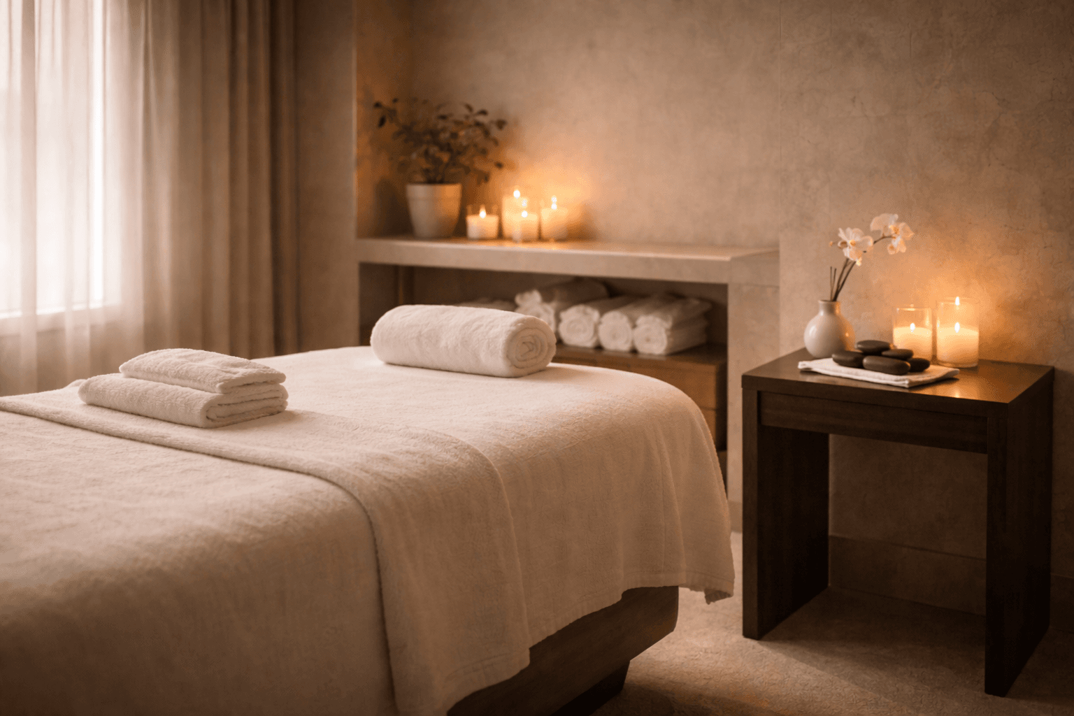 Serene Spa — private treatment suite with white linen massage table and candlelight