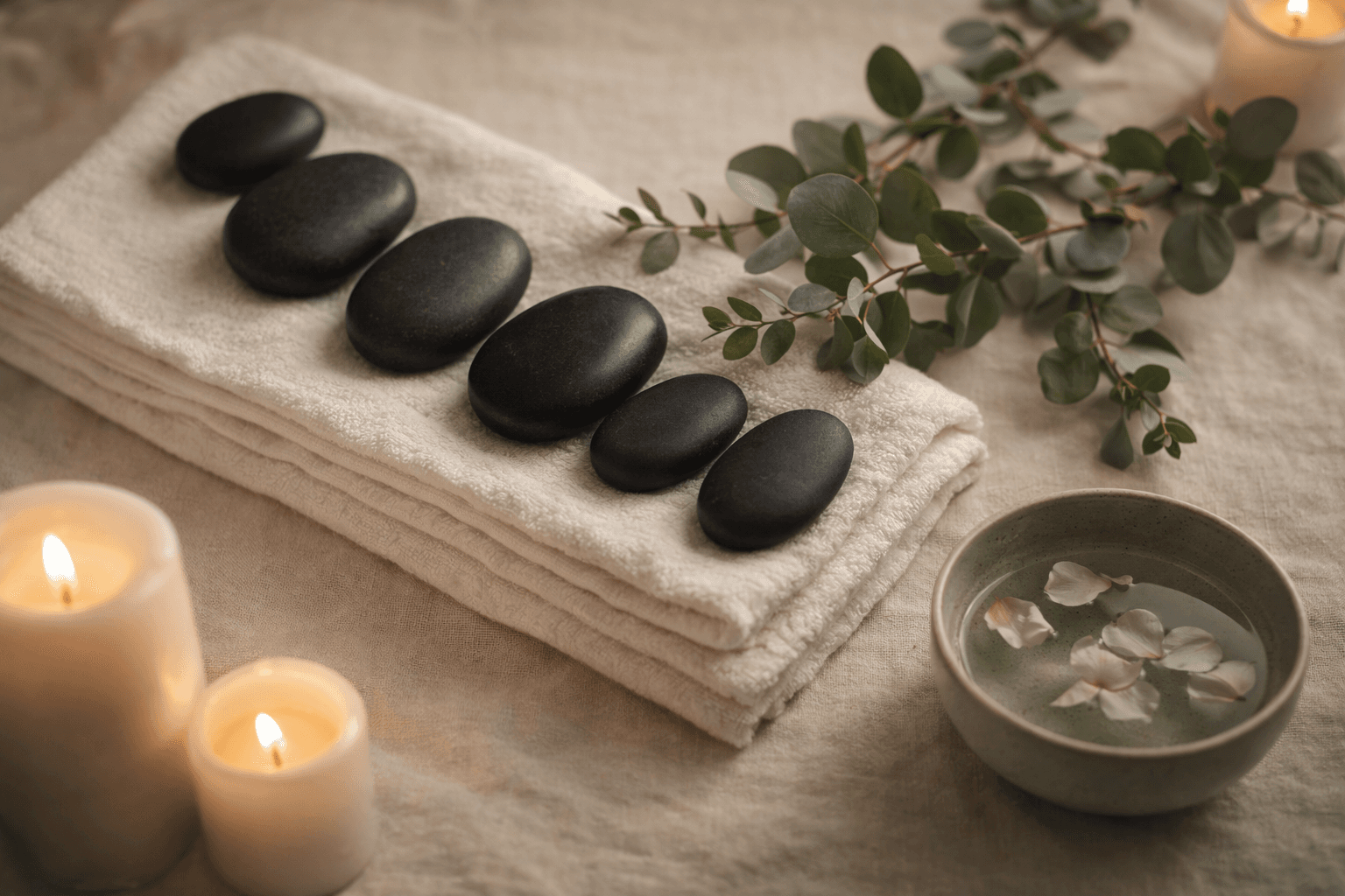 Serene Spa — warm basalt stones on linen, eucalyptus sprigs