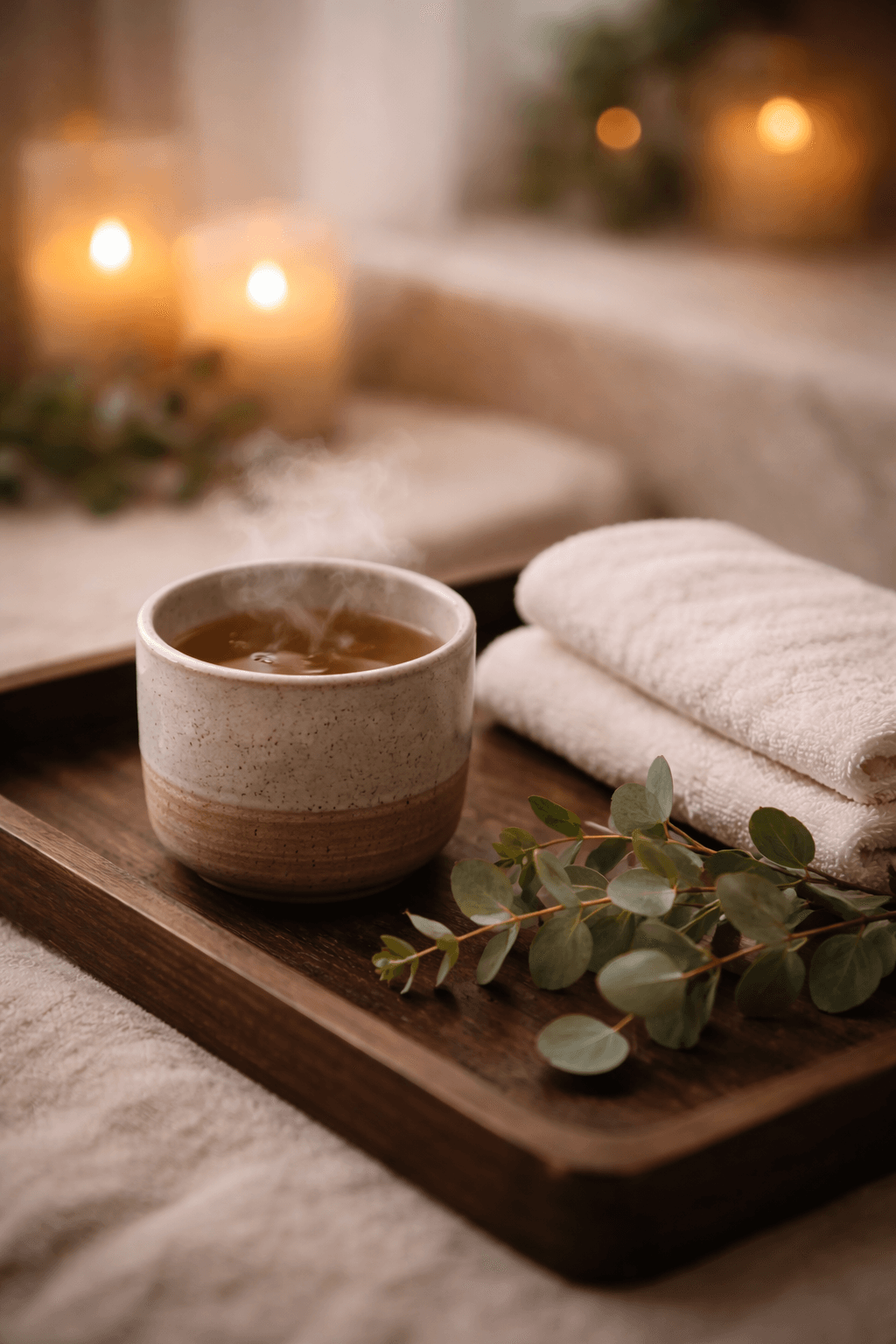 Serene Spa — Arrival ritual, warm herbal tea on a wooden tray with folded linen