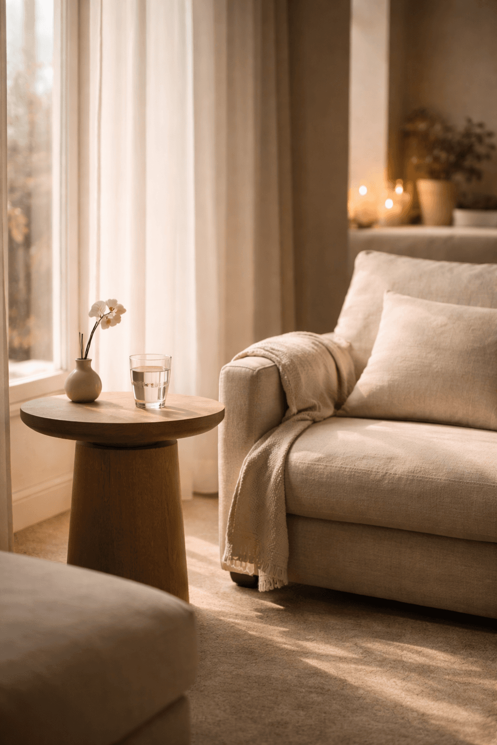 Serene Spa — empty relaxation lounge with linen armchair beside soft afternoon light