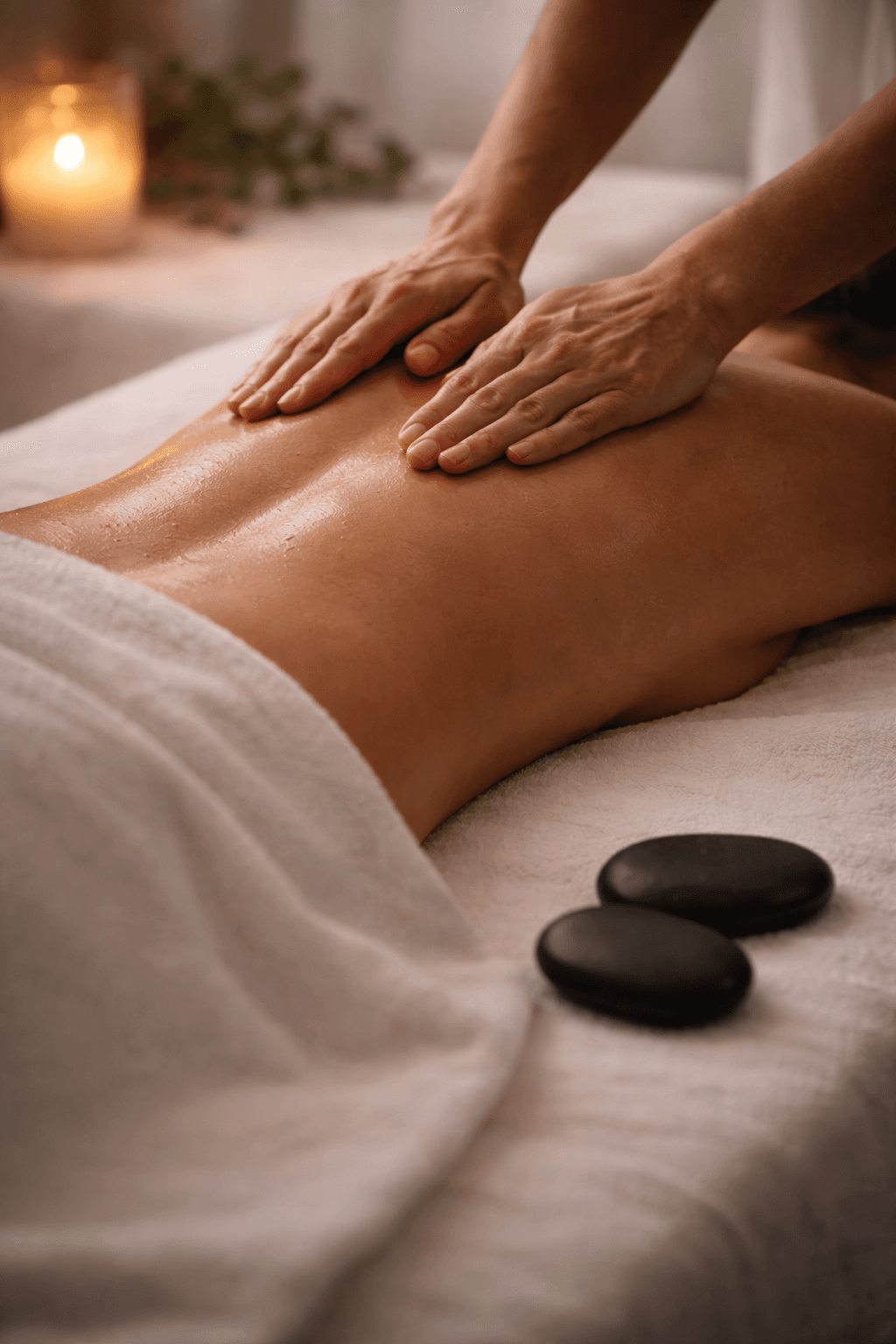 Serene Spa — skilled therapist hands performing a slow back massage on white linen