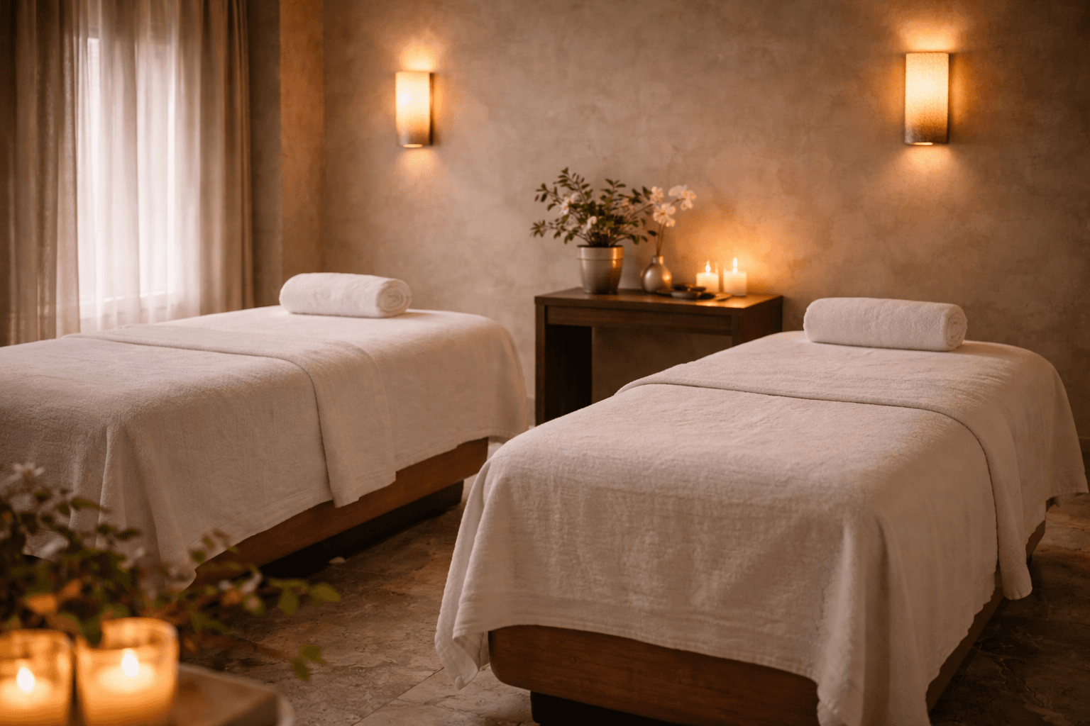 Serene Spa — two side-by-side massage tables in a candlelit private suite with soft linen