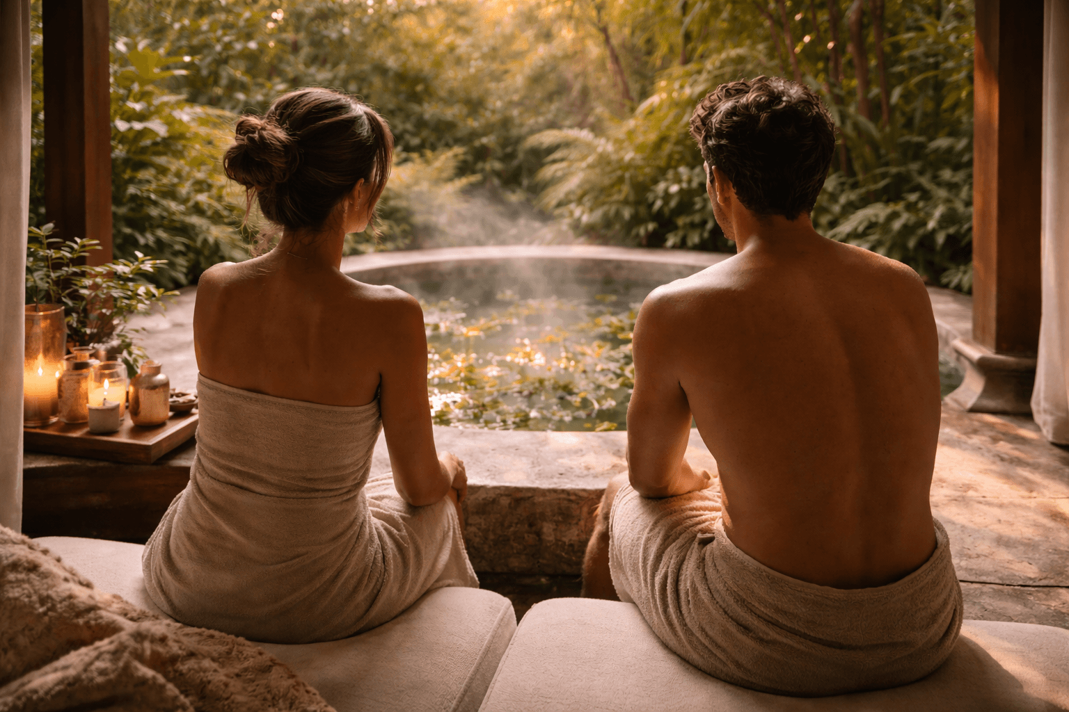 Serene Spa — couple soaking in a stone bath filled with wild herb infusion in a garden pavilion